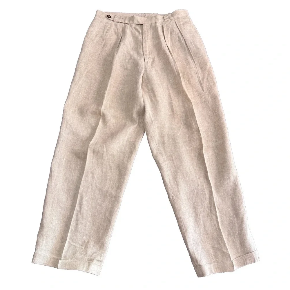 Linen Pleated Pants 38x32 Khaki Oatmeal Vtg Y2k TrousersCuffed Old Money USA